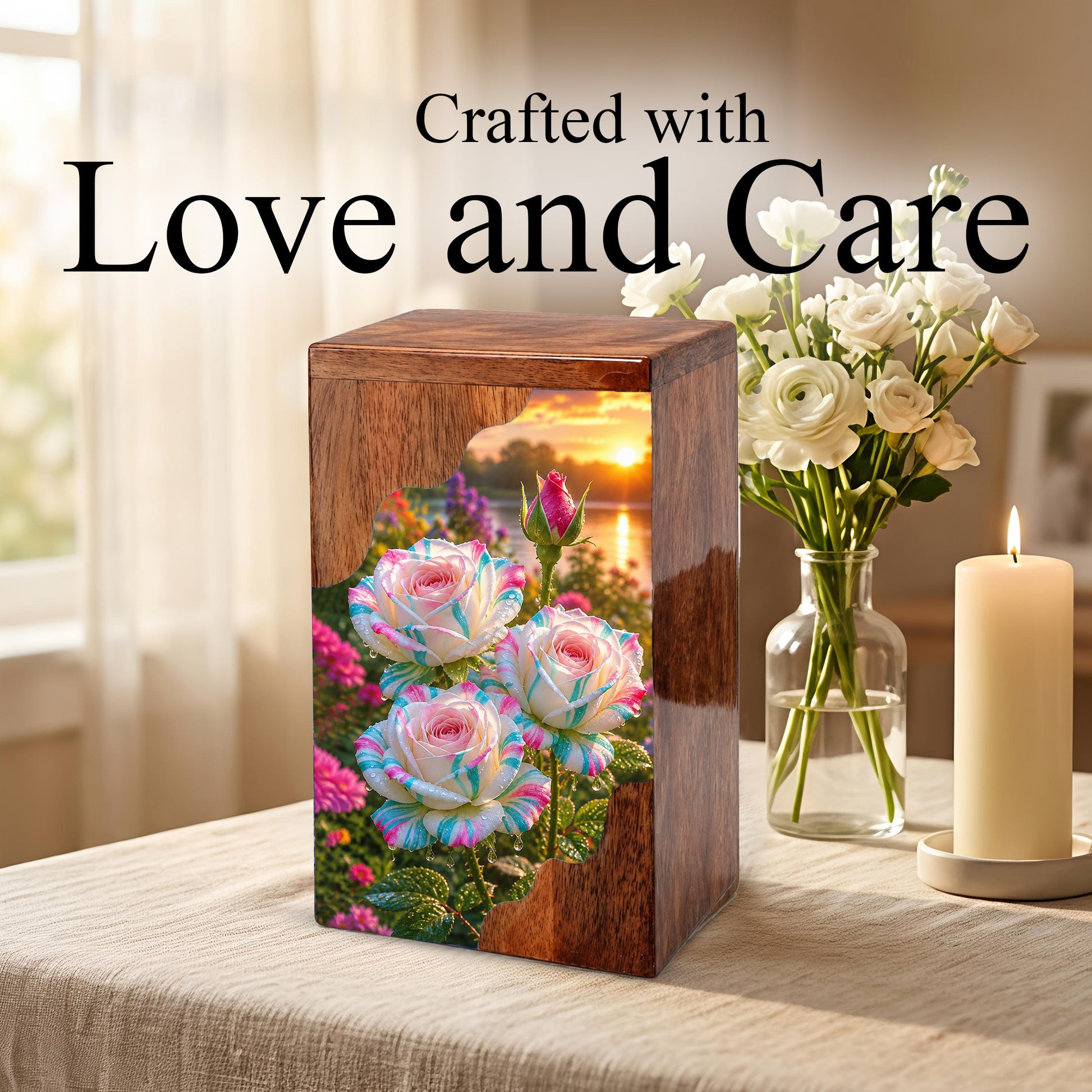 Floral Wooden Cremation Urn – Rose Memorial Urn for Human Ashes