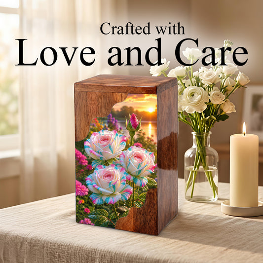 Floral Wooden Cremation Urn – Rose Memorial Urn for Human Ashes