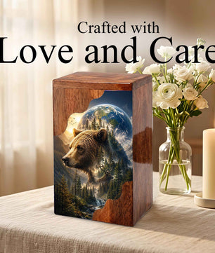 Wooden Cremation Urn for Human Ashes, Bear Memorial Urn