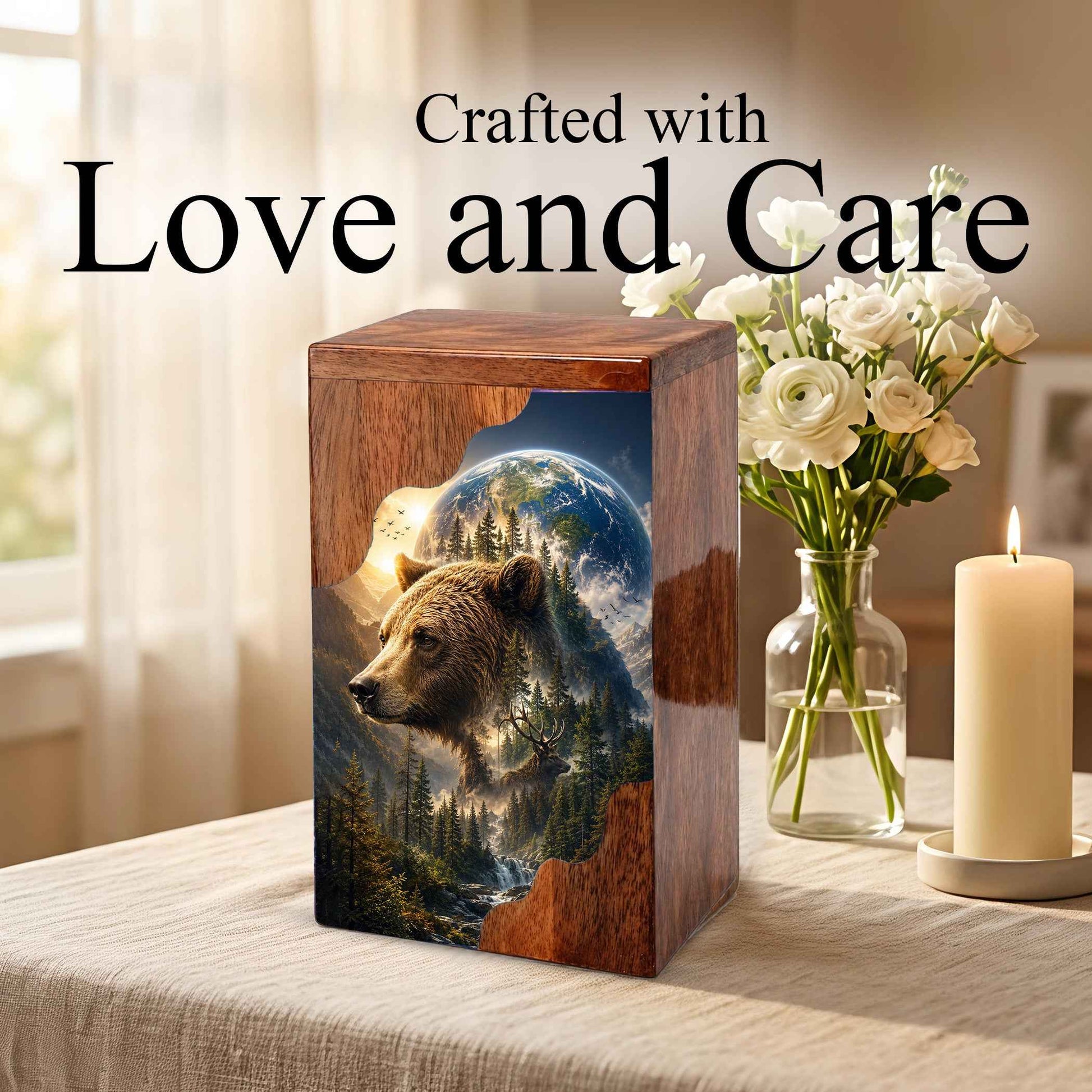Wooden Cremation Urn for Human Ashes, Bear Memorial Urn