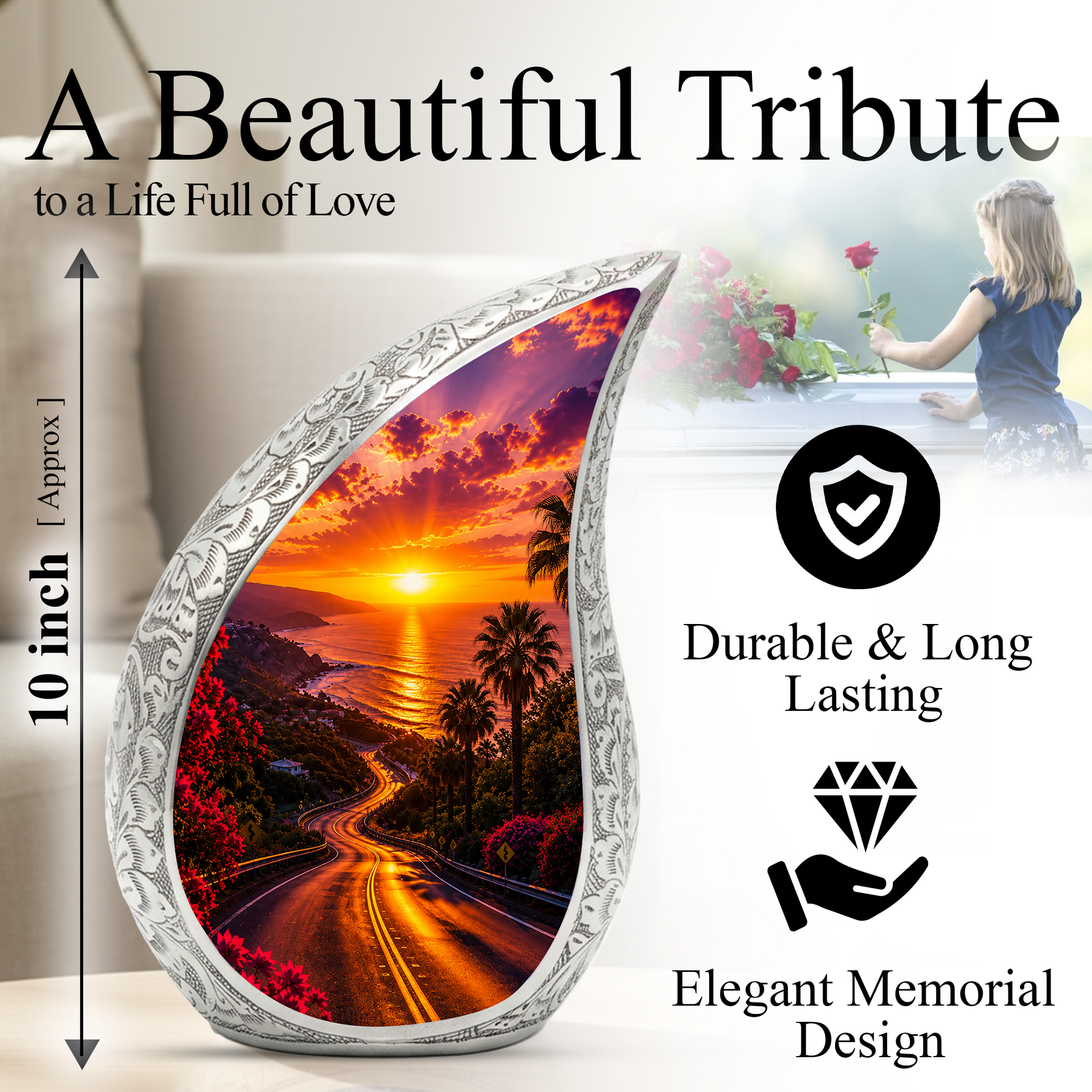 Beach Sunset Urn for Human Ashes | Ocean Coastal Adult Cremation Urn
