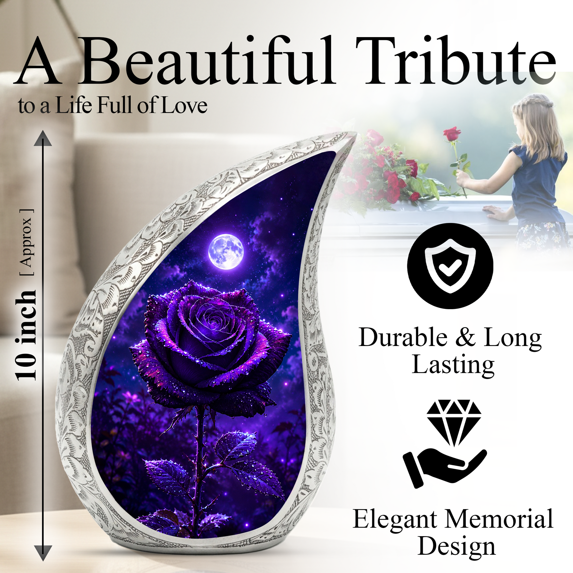 Purple Rose Urn for Human Ashes – Beautiful Memorial Urn for Mom
