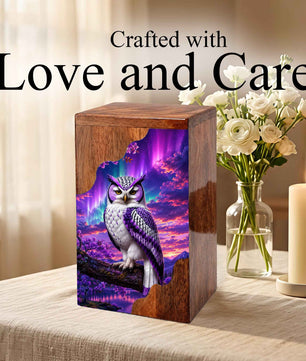 Purple Owl Wooden Cremation Urn – Aurora Memorial Urn