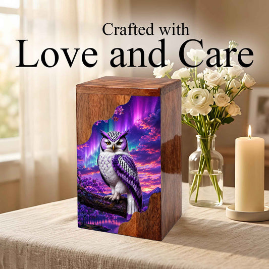 Purple Owl Wooden Cremation Urn – Aurora Memorial Urn