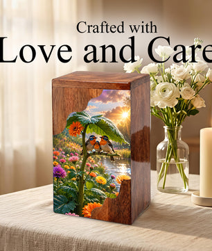 Family Birds Wooden Cremation Urn – Personalized Memorial Urn for Human Ashes