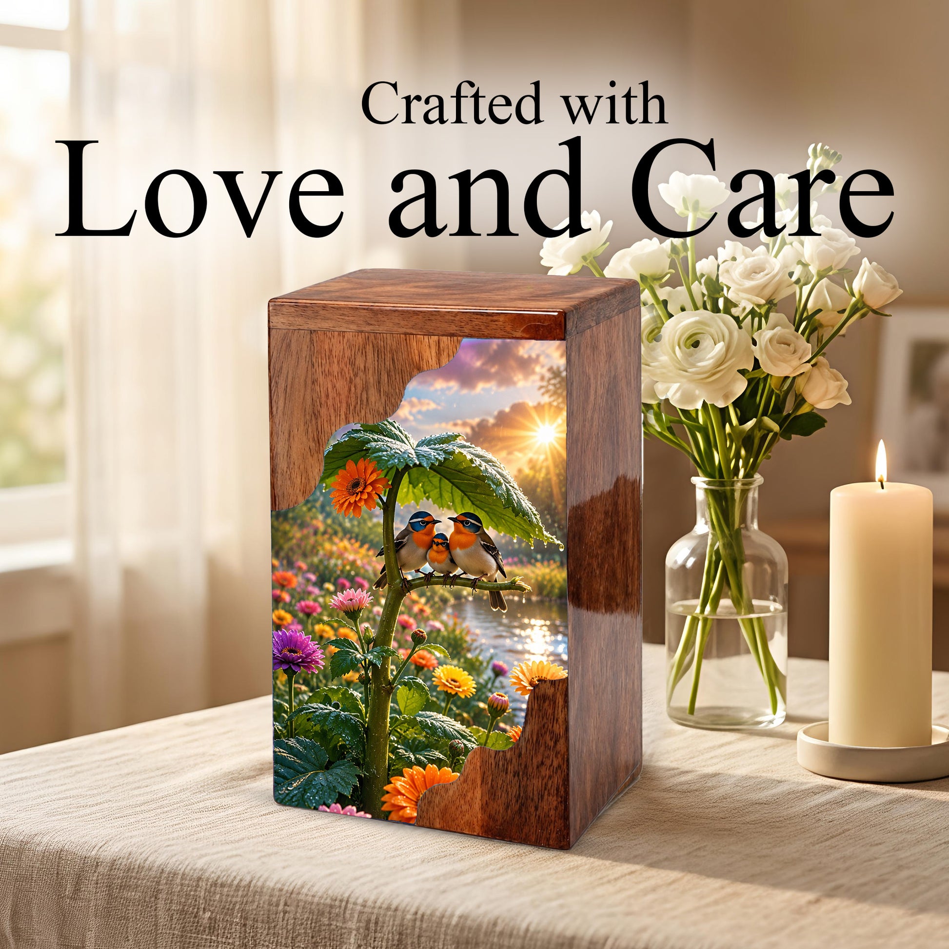 Family Birds Wooden Cremation Urn – Personalized Memorial Urn for Human Ashes