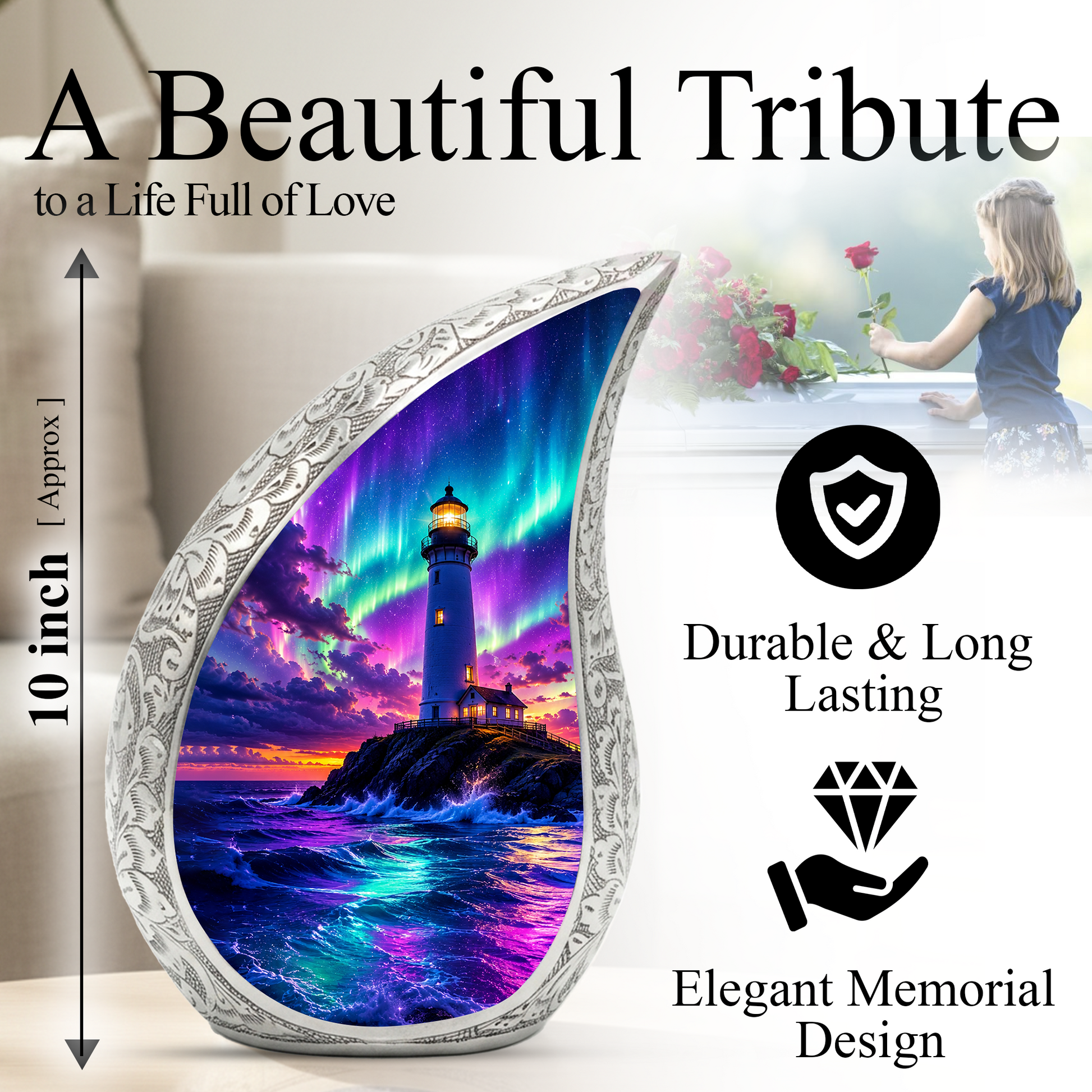Ocean Lighthouse Cremation Urn for Adult Ashes | Lighthouse Ocean Wave Urn for Human Ashes, Mom & Women