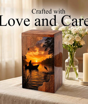 Sunset Fishing Wooden Cremation Urn – Gone Fishing Memorial Urn for Human Ashes