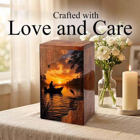 Sunset Fishing Wooden Cremation Urn – Gone Fishing Memorial Urn for Human Ashes