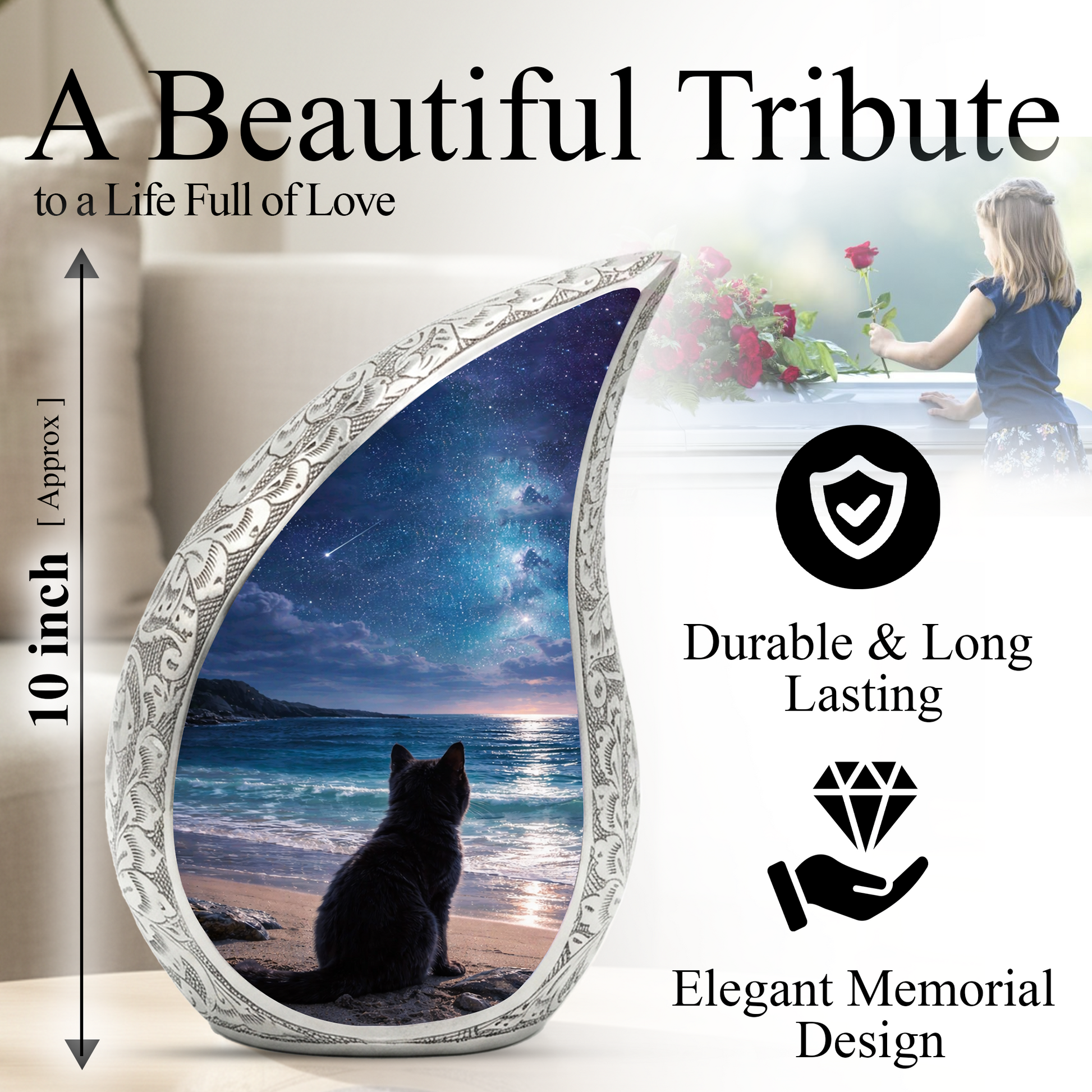 Personalized Cat Urn, Moonlight Beach Cat Urn for Ashes-Memorial Urn For Ashes