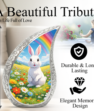 Personalized Rabbit Cremation Urn – Rainbow Meadow Teardrop Memorial Urn, 10 Inch Aluminum