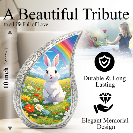 Personalized Rabbit Cremation Urn – Rainbow Meadow Teardrop Memorial Urn, 10 Inch Aluminum