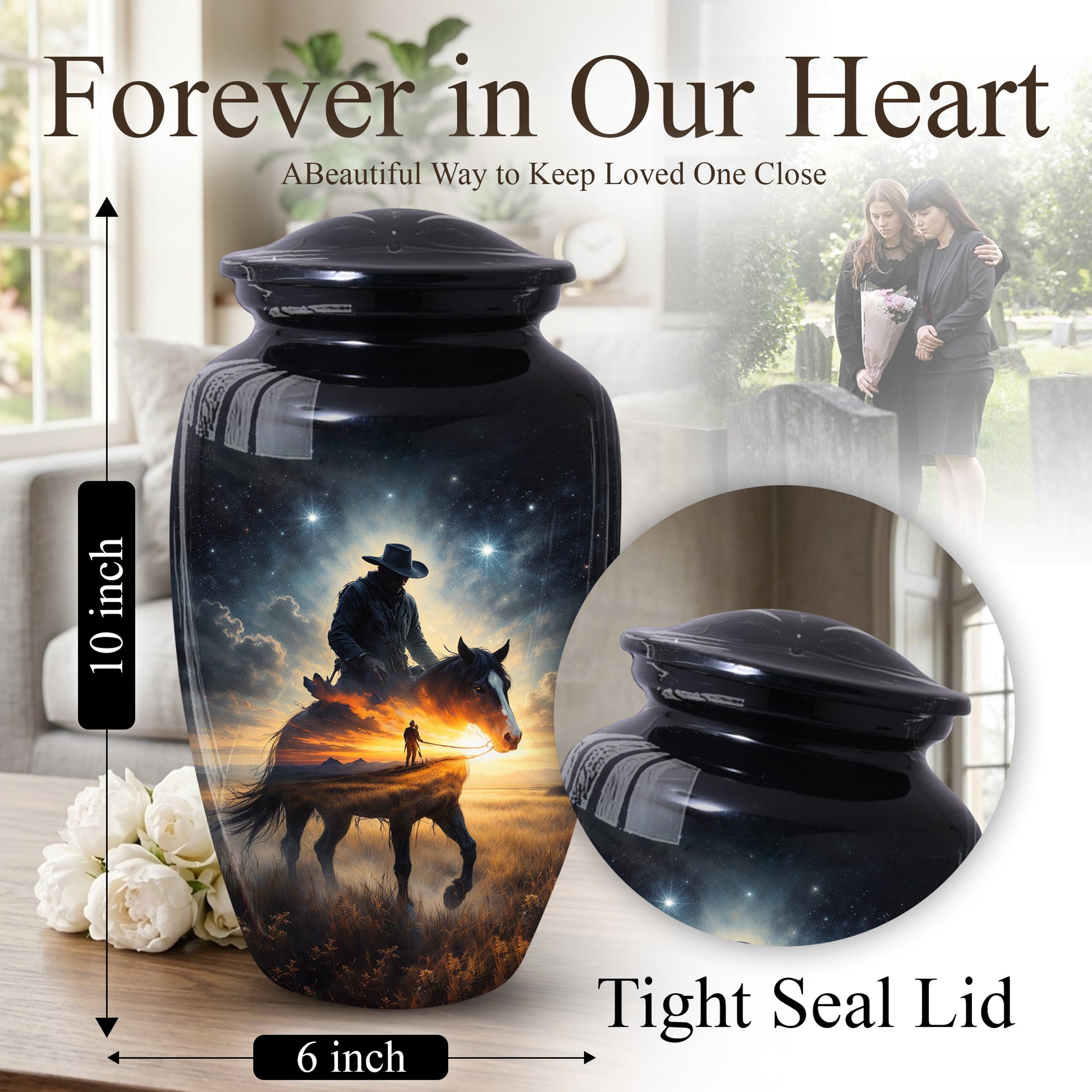 Cowboy Horse Urns for Dad, Western Cremation Large Urn for Men