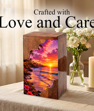 Sunset Beach Wooden Cremation Urn – Coastal Memorial Urn for Human Ashes