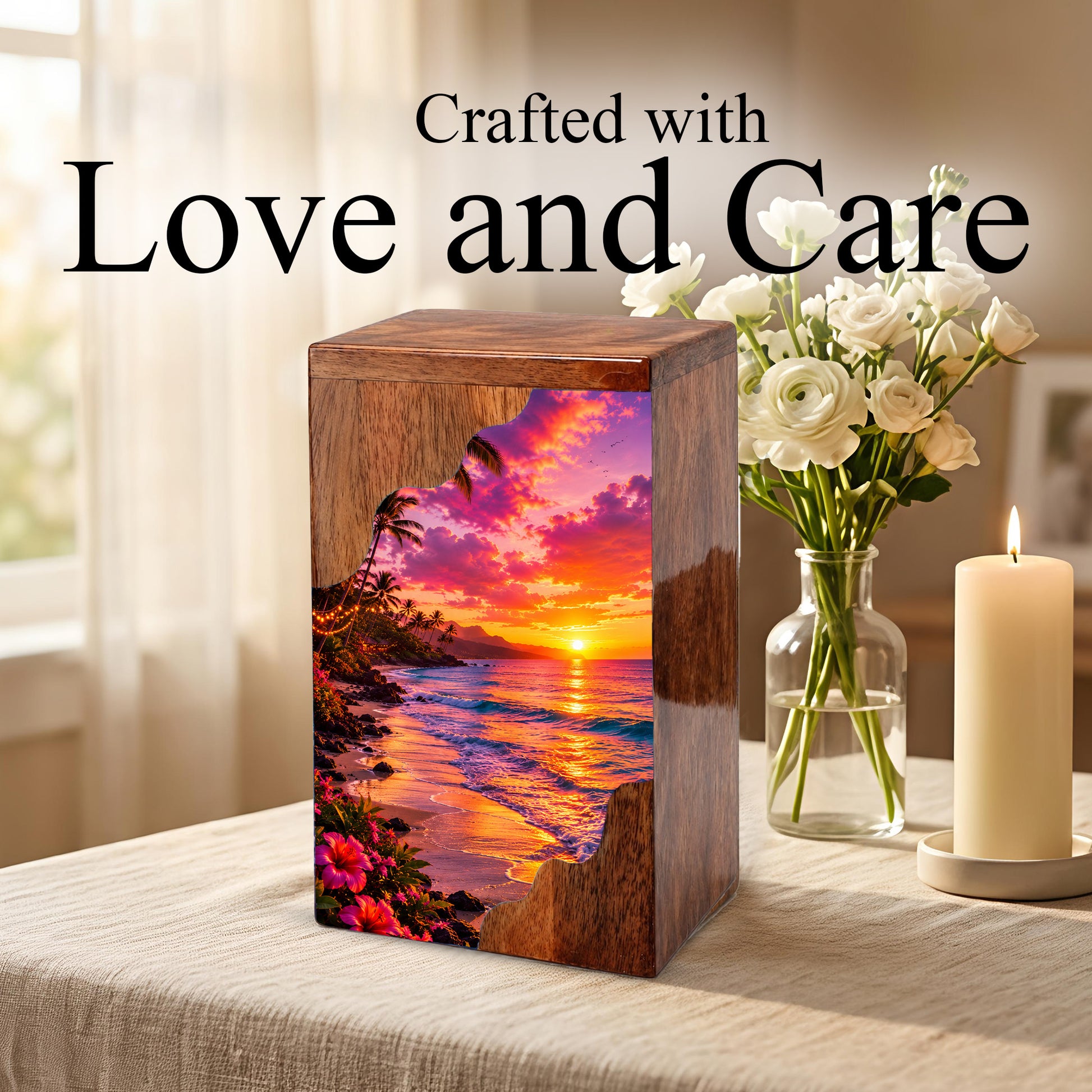 Sunset Beach Wooden Cremation Urn – Coastal Memorial Urn for Human Ashes