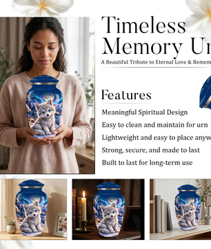Celestial White Wolf Cremation Urn for Adult Ashes – Magical Winter Memorial Urn