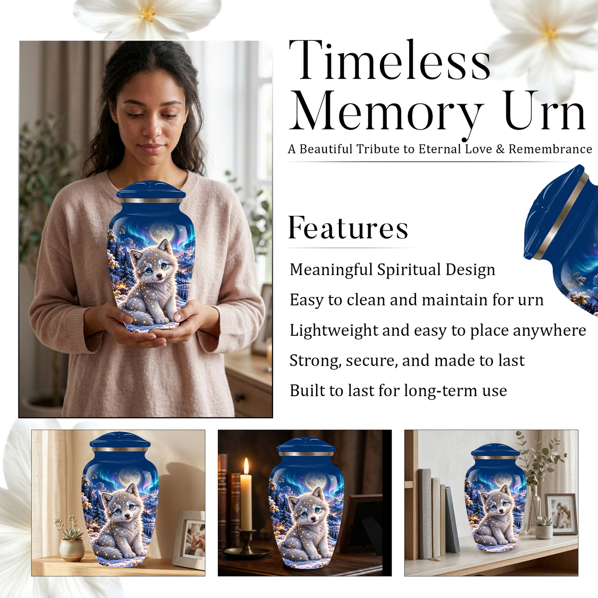 Celestial White Wolf Cremation Urn for Adult Ashes – Magical Winter Memorial Urn