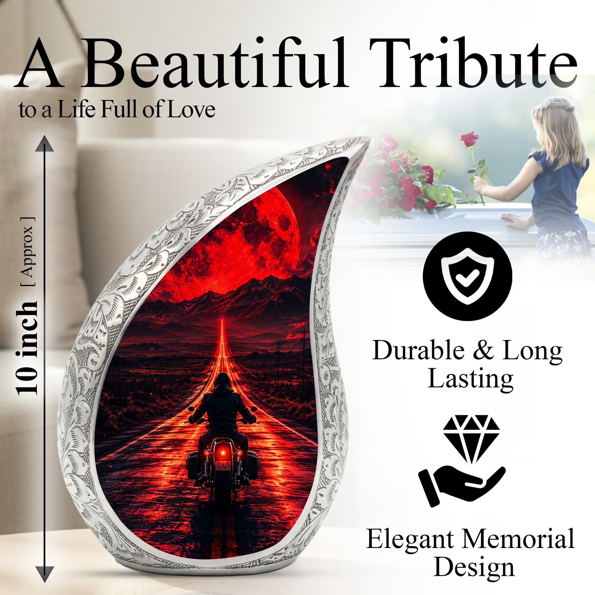 Motorcycle Rider Urn for Adult Ashes – Patriotic Motorcycle Memorial Cremation Urn for Dad