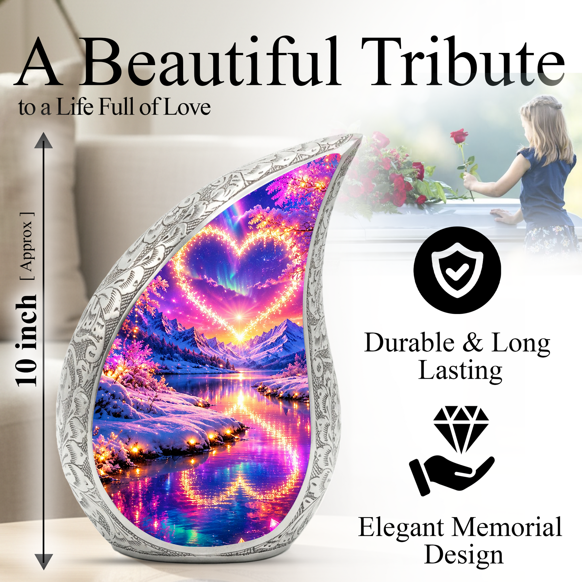 Heart Landscape Urn for Mom – Personalized Cremation Urn for Human Ashes | Beautiful Memorial Urns for Women
