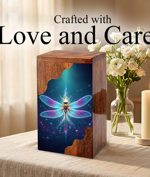 Dragonfly Wooden Cremation Urn – Radiant Butterfly Inspired Memorial Wooden Urn for Human Ashes