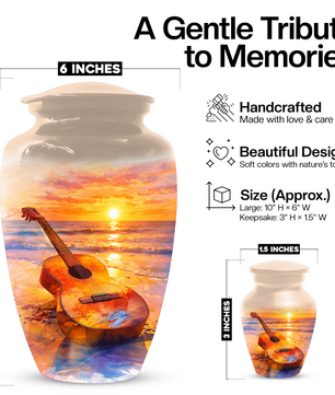 Guitar Urn for Ashes, Beach Sunset Cremation Urn, Custom Memorial Urn, Music Lover Urn