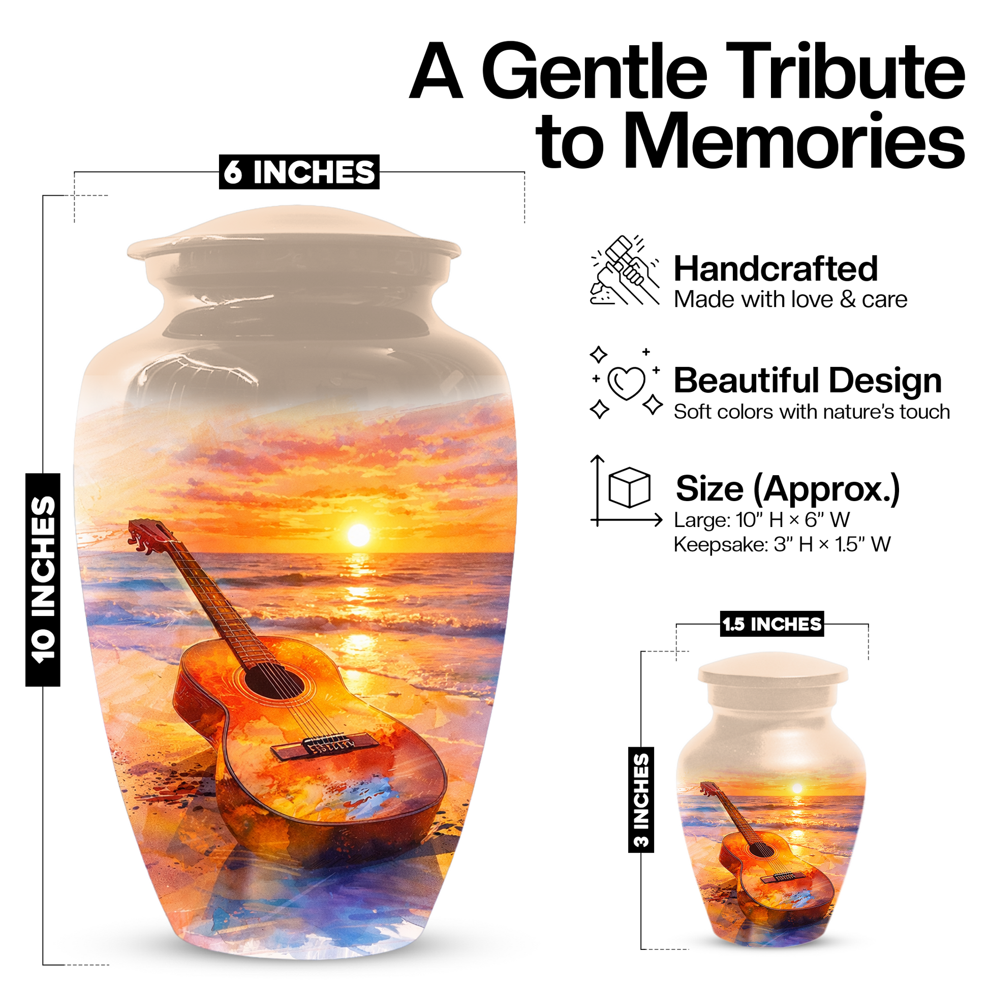 Guitar Urn for Ashes, Beach Sunset Cremation Urn, Custom Memorial Urn, Music Lover Urn