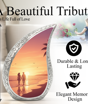 Personalized Beach Sunset Cremation Urn – Custom Ocean Memorial Urn for Ashes, Couple Beach Teardrop Aluminum Adult Urn, 10 Inch