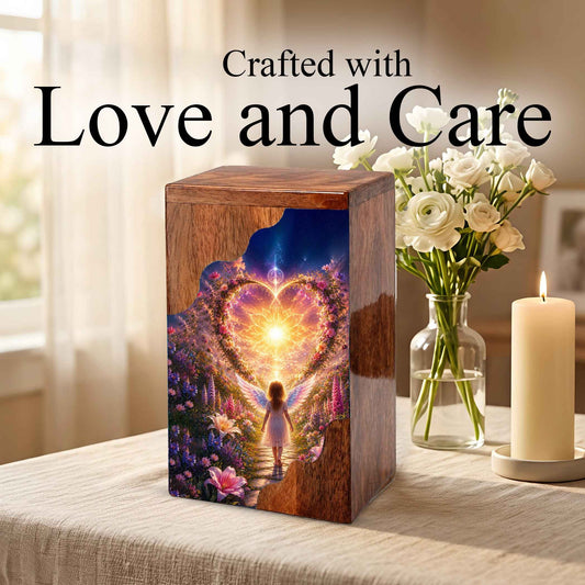Angel Child Wooden Cremation Urn for Mom, Wooden Urn for Human Ashe