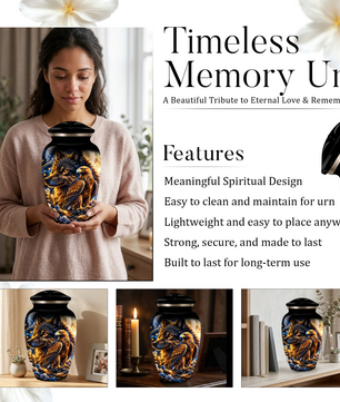 Wolf and Eagle Cremation Urn for Adult Ashes, Black Memorial Urn with Golden Eagle, Majestic Wolf and Celestial Artwork