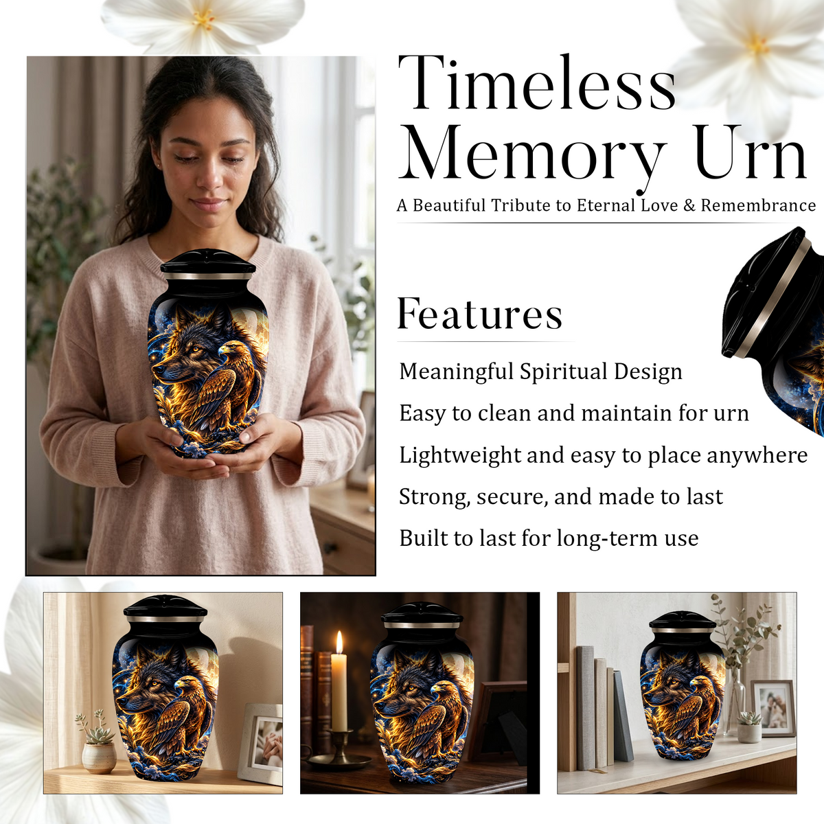Wolf and Eagle Cremation Urn for Adult Ashes, Black Memorial Urn with Golden Eagle, Majestic Wolf and Celestial Artwork