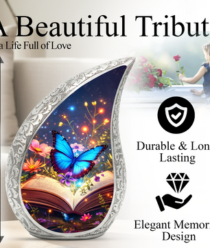 Butterfly Personalized Cremation Urn – Teardrop Style Aluminum Memorial Urn, 10 Inch