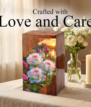 Rainbow Rose Wooden Cremation Urn for Mom | Personalized Memorial Urn for Human Ashes
