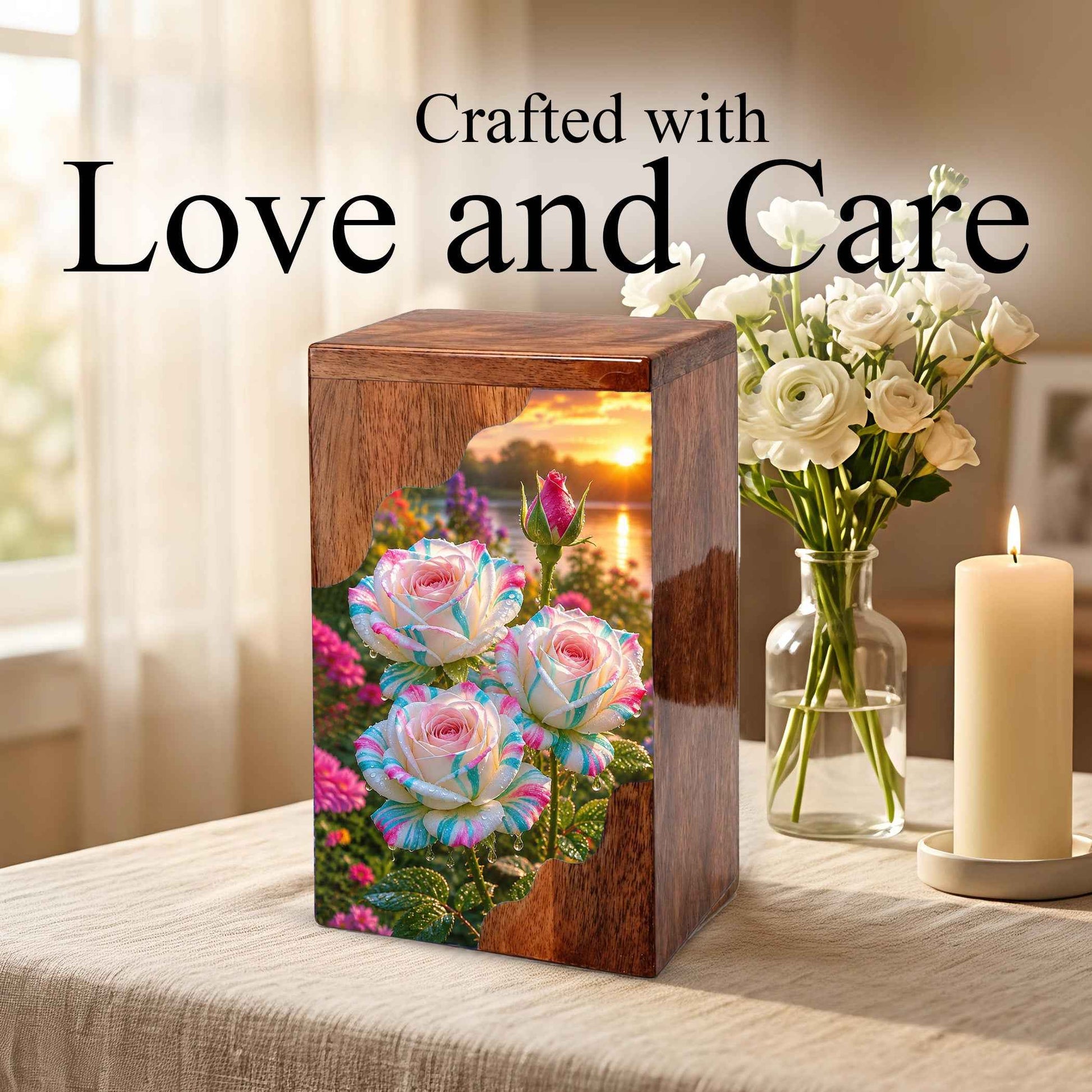 Rainbow Rose Wooden Cremation Urn for Mom | Personalized Memorial Urn for Human Ashes
