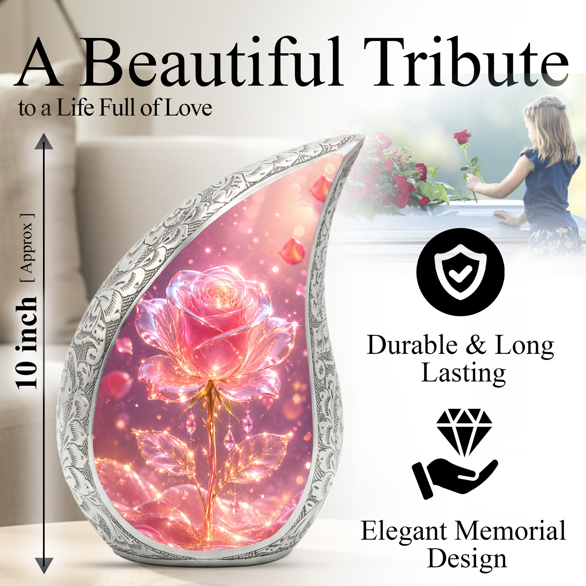 Pink Rose Urn for Mom | Beautiful Urns for Women | Cremation Urn for Mom