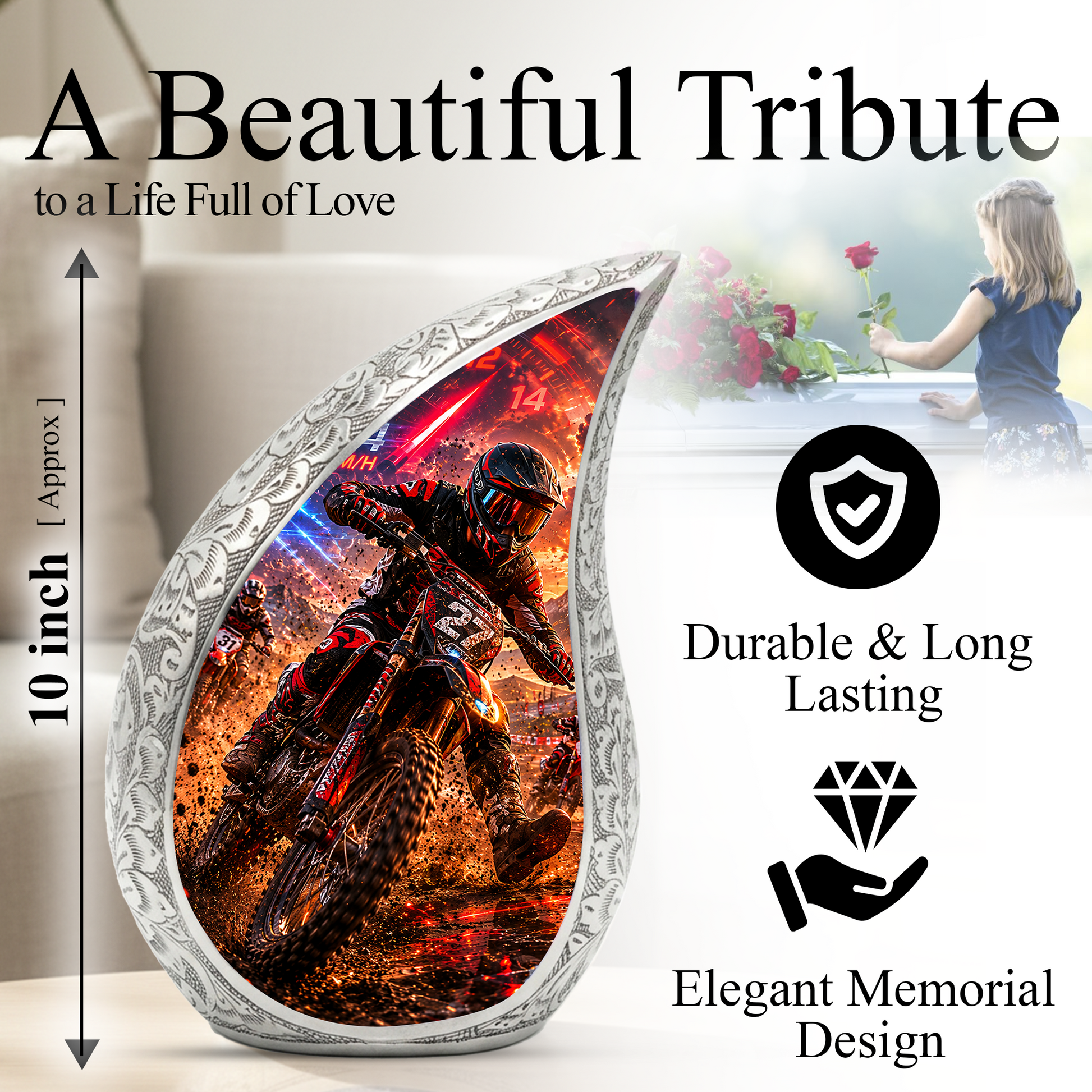 Motorcycle Rider Urn for Dad | Motocross Cremation Urn for Men & Adult Male Ashes