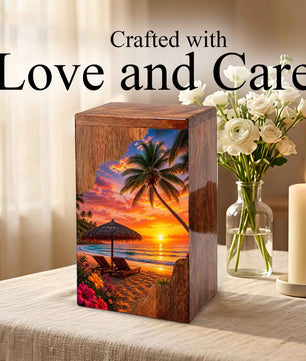 Paradise Wooden Cremation Urn – Beach Theme Wooden Urn for Human Ashes