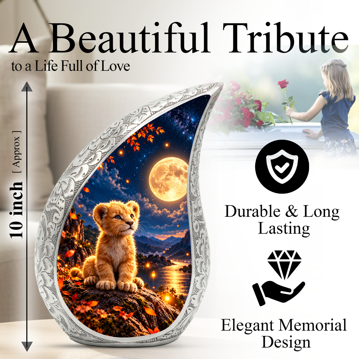 Kitten Urn for Ashes, Cat Cremation Urn with Moonlit Artwork for human Ashes