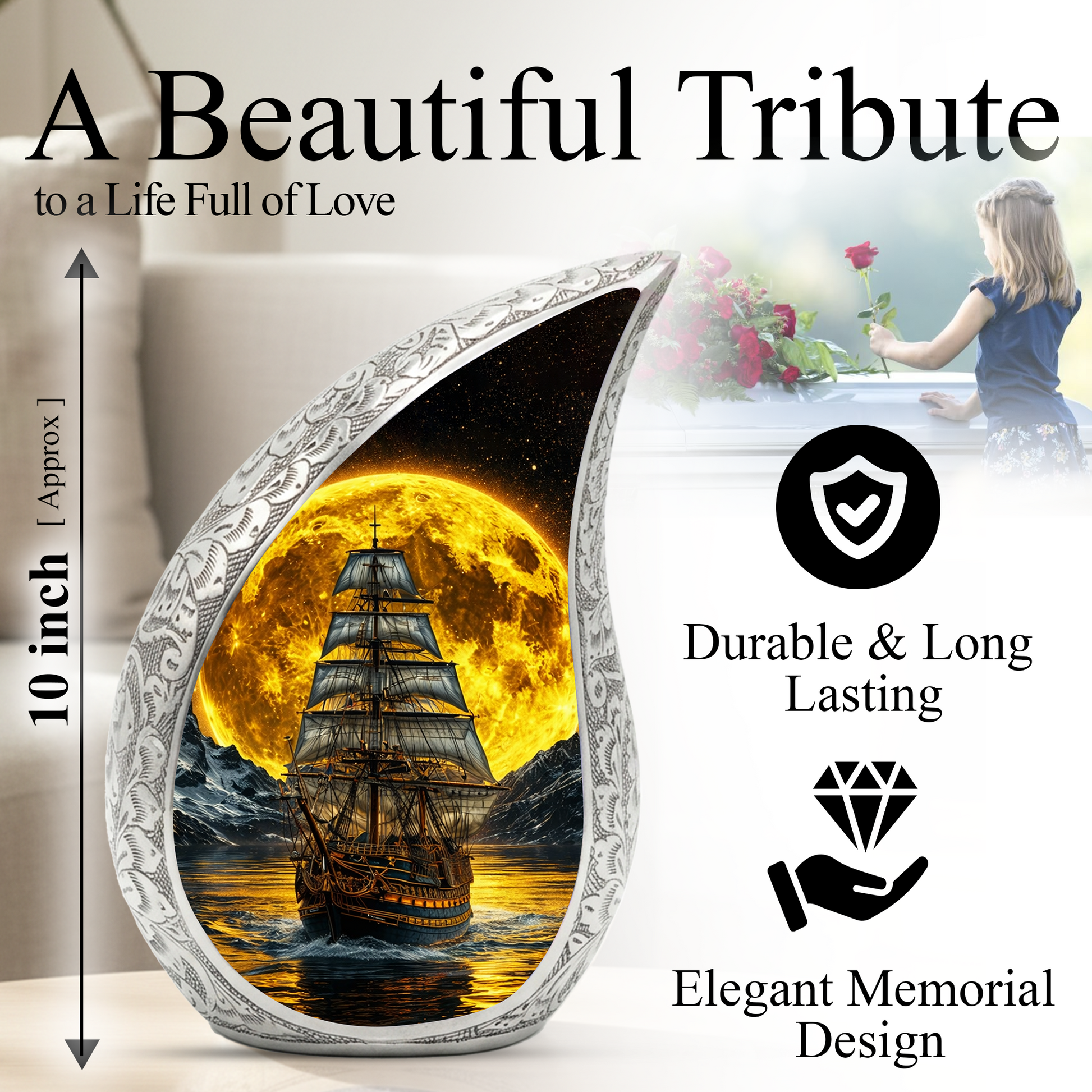 Pirate Ship Ocean Adult Urn for Human Ashes – Premium Ocean Wave Cremation Urn