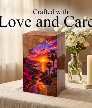 Beach Wooden Cremation Urn for Human Ashes | Coastal Sunset Memorial Urn