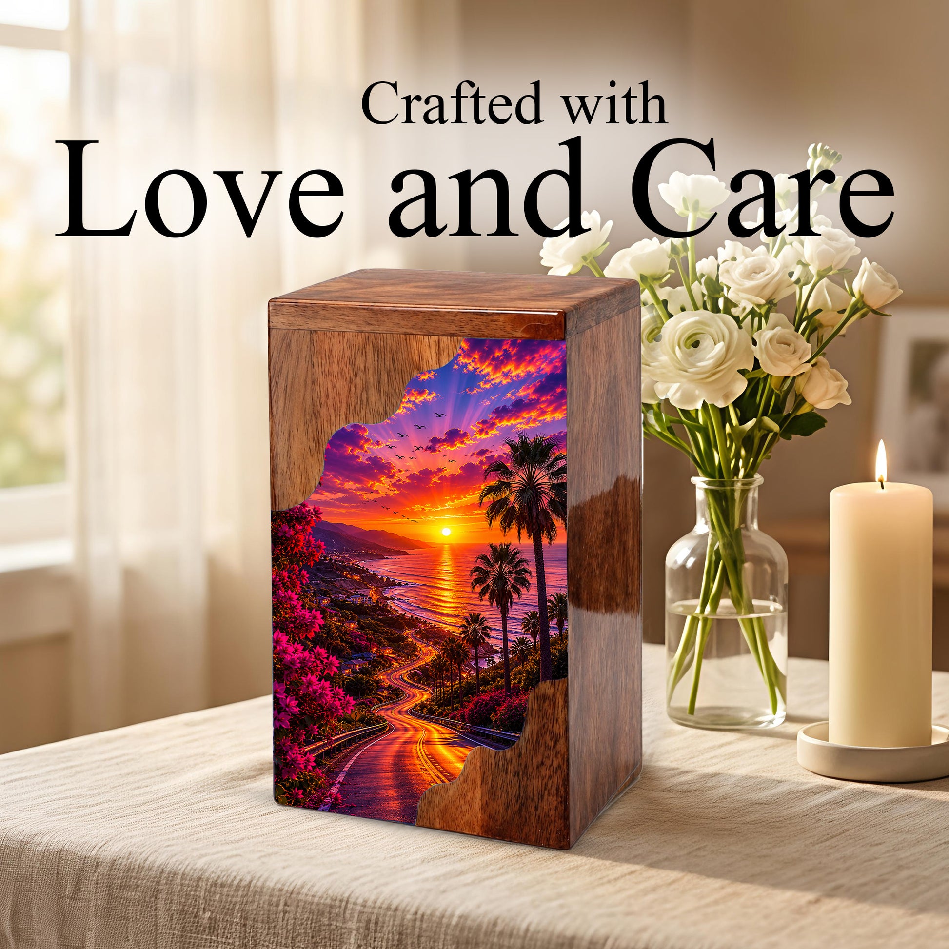 Beach Wooden Cremation Urn for Human Ashes | Coastal Sunset Memorial Urn