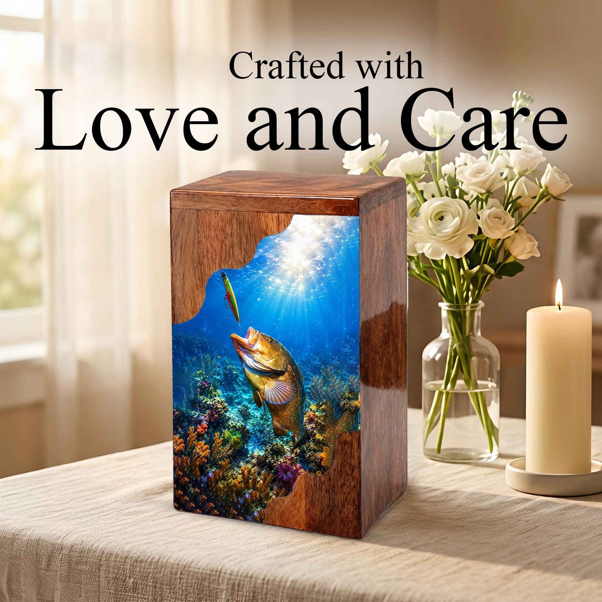 Fishing Wooden Cremation Urn – Fishing in Heaven Memorial Urn for Human Ashes