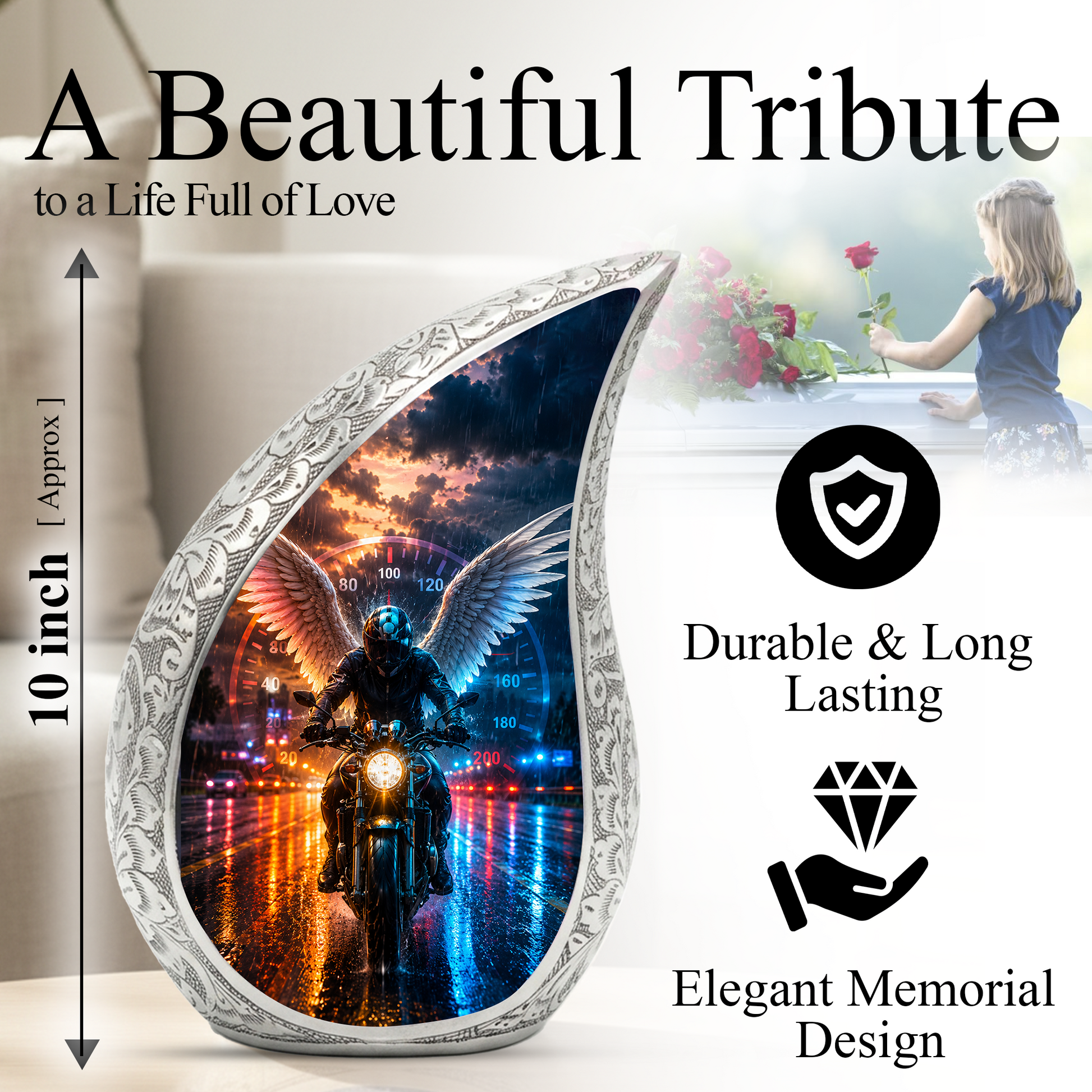 Guardian Angel Motorcycle Urn for Dad – Memorial Cremation Urn for Human Ashes