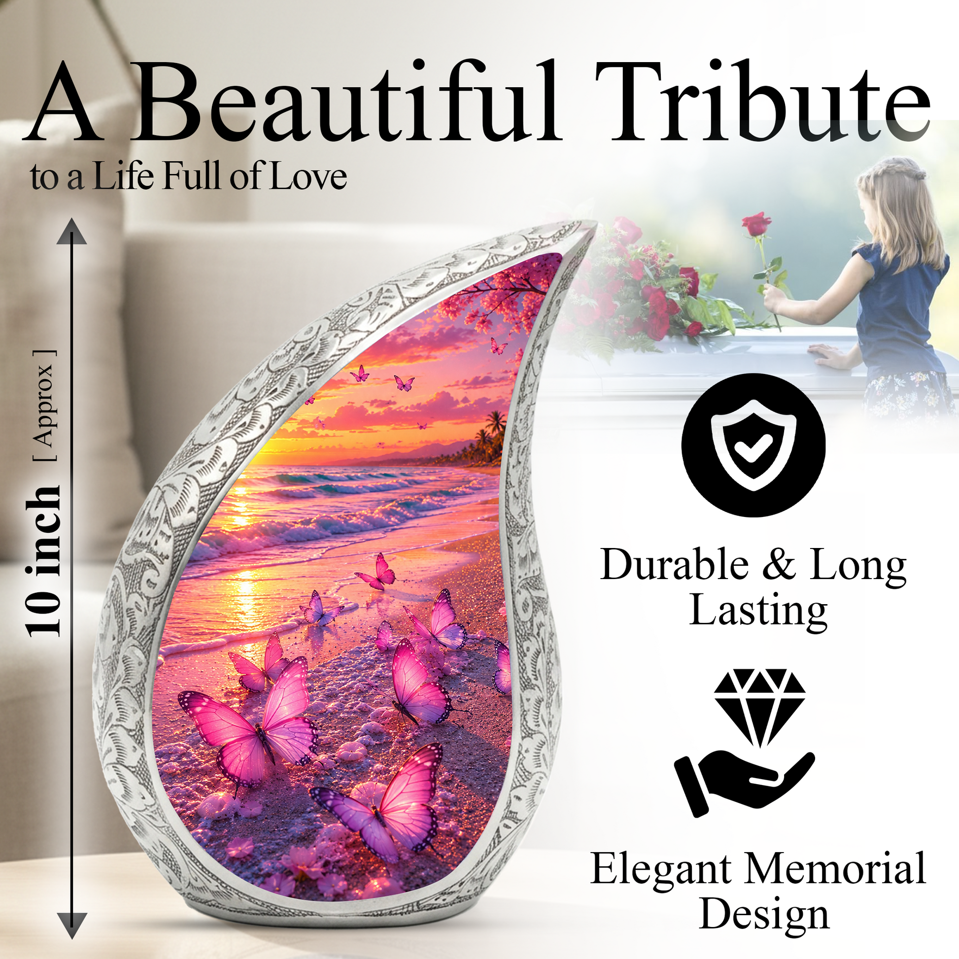 Butterfly Beach Memorial Urn for Ashes, Adult Cremation Urn