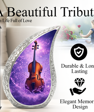 Personalized Violin Cremation Urn – Custom Music Memorial Urn for Ashes, Teardrop Aluminum Adult Urn, 10 Inch