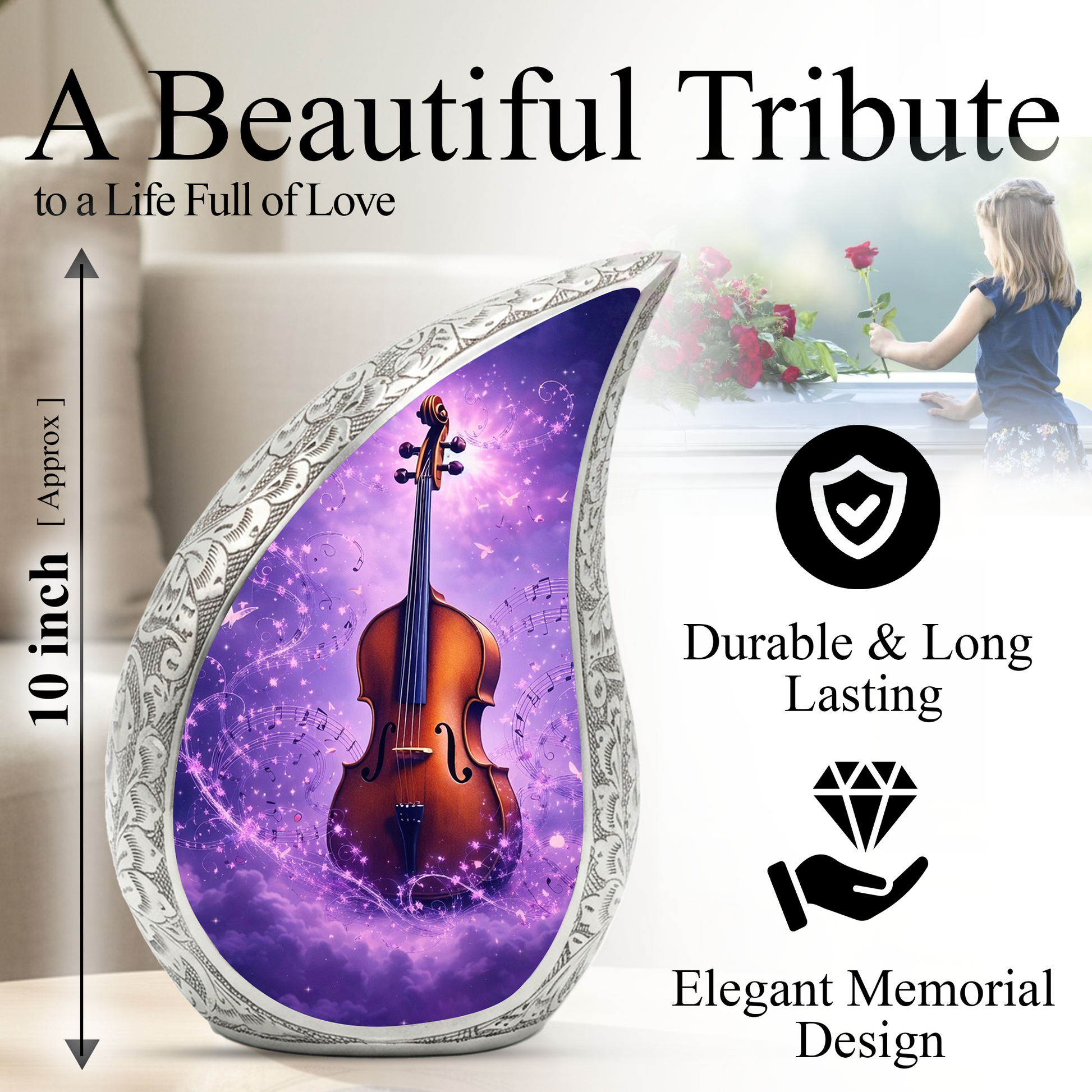Personalized Violin Cremation Urn – Custom Music Memorial Urn for Ashes, Teardrop Aluminum Adult Urn, 10 Inch