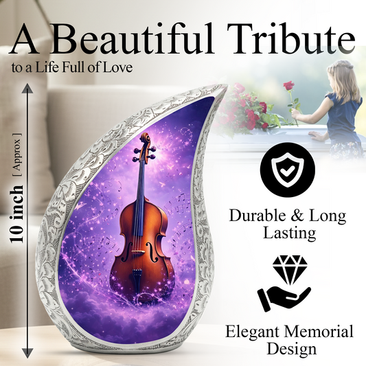 Personalized Violin Cremation Urn – Custom Music Memorial Urn for Ashes, Teardrop Aluminum Adult Urn, 10 Inch