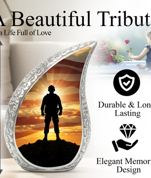 Patriotic Soldier Personalized Cremation Urn – Teardrop Style Aluminum Memorial Urn, 10 Inch