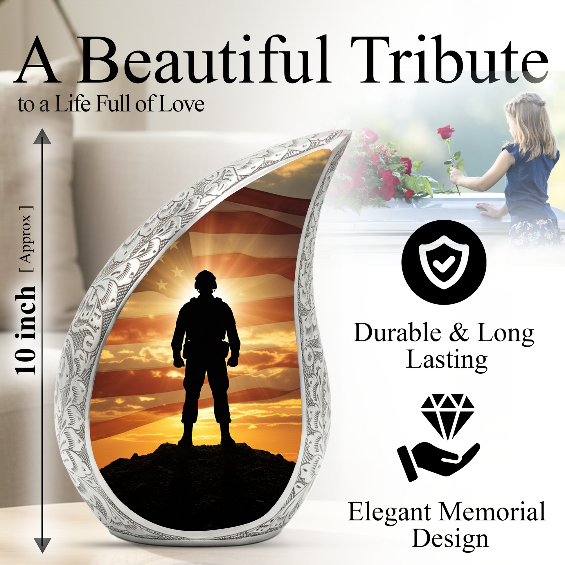 Patriotic Soldier Personalized Cremation Urn – Teardrop Style Aluminum Memorial Urn, 10 Inch