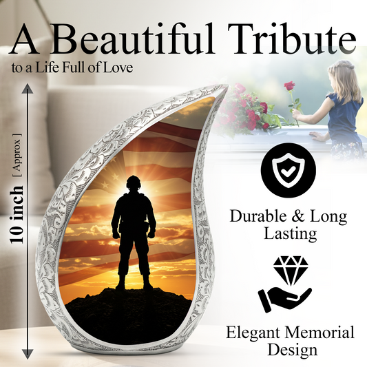 Patriotic Soldier Personalized Cremation Urn – Teardrop Style Aluminum Memorial Urn, 10 Inch