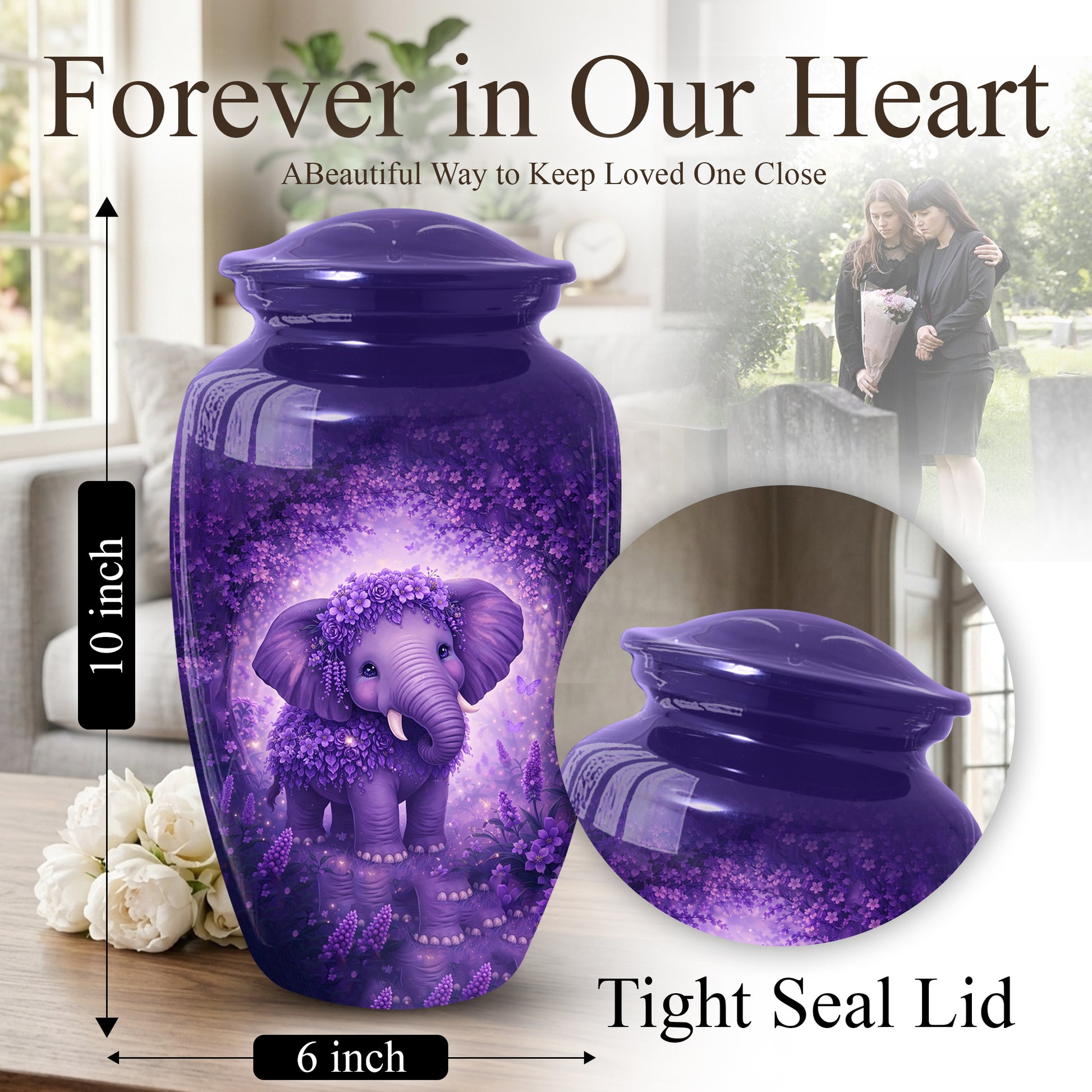 Purple Elephant Urn for Mom, Beautiful Memorial Large Urn for Mother